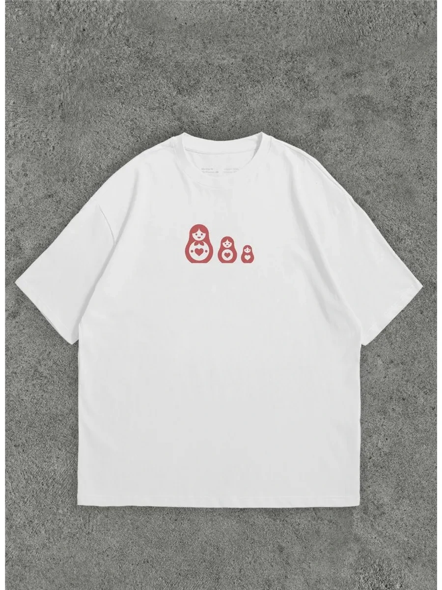 Summer New Women Short Sleeve T Shirt 100% Cotton Folk Nesting Doll Poster Print Loose Casual Streetwear Chic Top