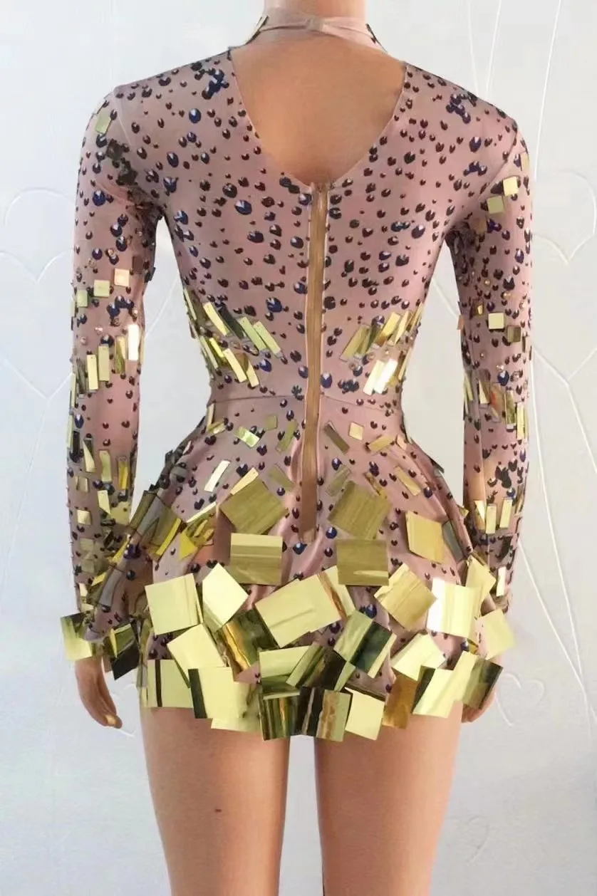 Sequins Mirror Party Dress Nude Women Long Sleeve Stretch Mini Dress Evening Party Prom Women Celebrate Photo Shoot Costume