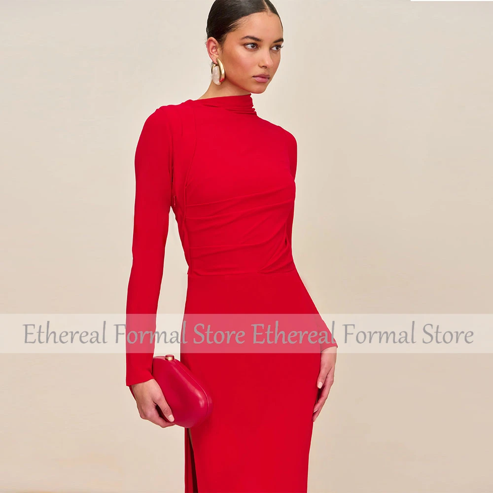 Mermaid Women's Evening Gown Red Evening Dress For Wedding  Long Sleeves  Slit Simple Anekl Length Formal Dresse2025
