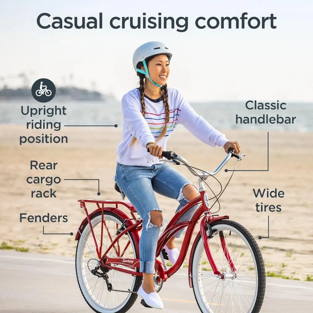 \Sanctuary 7 Comfort Beach Cruiser Bike for Adult Women Men, 7-Speed Drivetrain in Retro-Styled Steel Step-Through