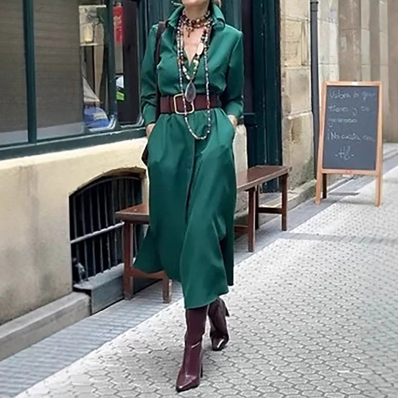 Nieuwe eenvoudige effen kleur pocket maxi-jurk elegant temperament losse kantoorjurken herfst dames revers shirtjurk met lange mouwen