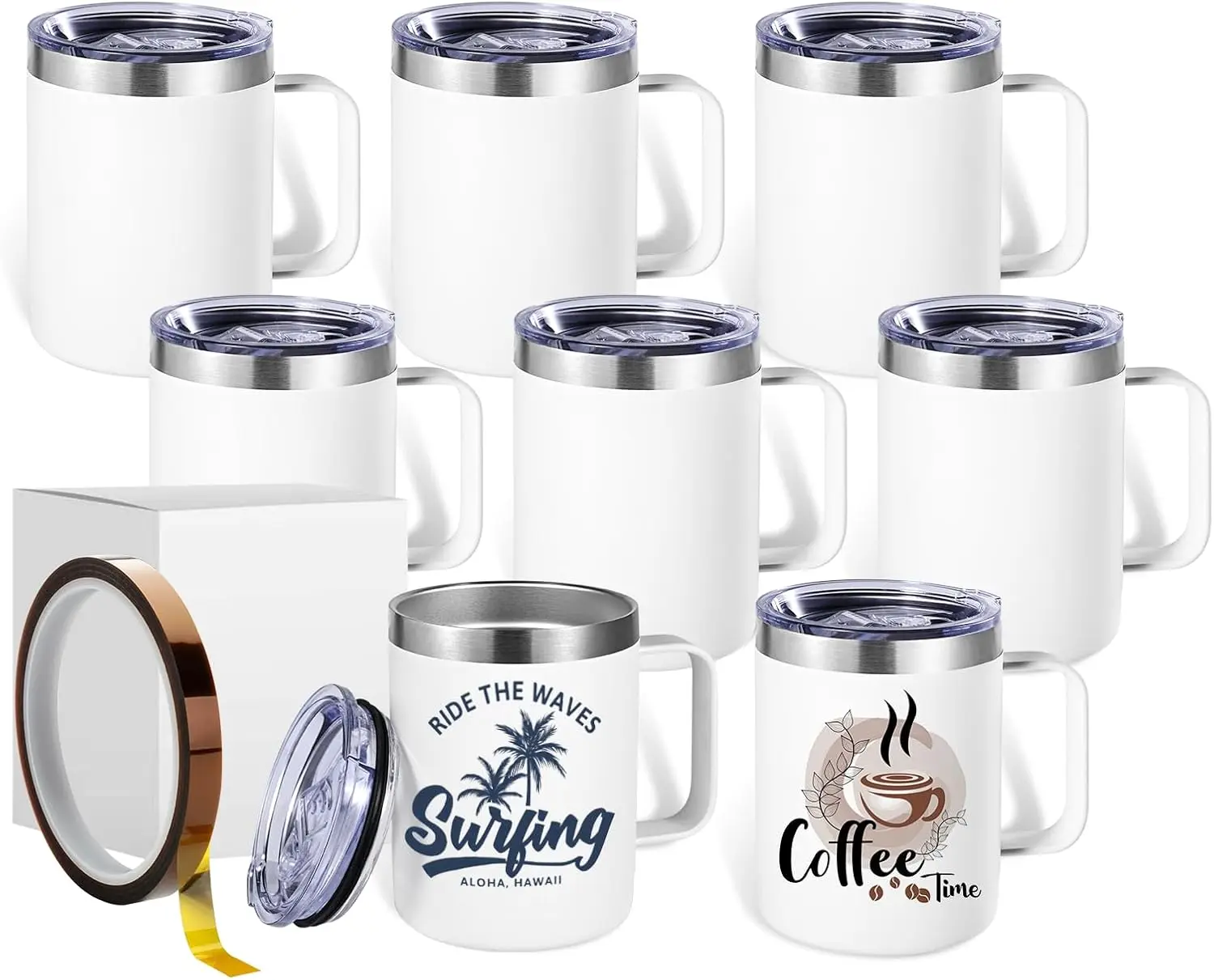 

Набор из 8 термокружек для сублимации объемом 12 унций с ручкой, из нержавеющей стали, в подарочной коробке, с термолентой в комплекте