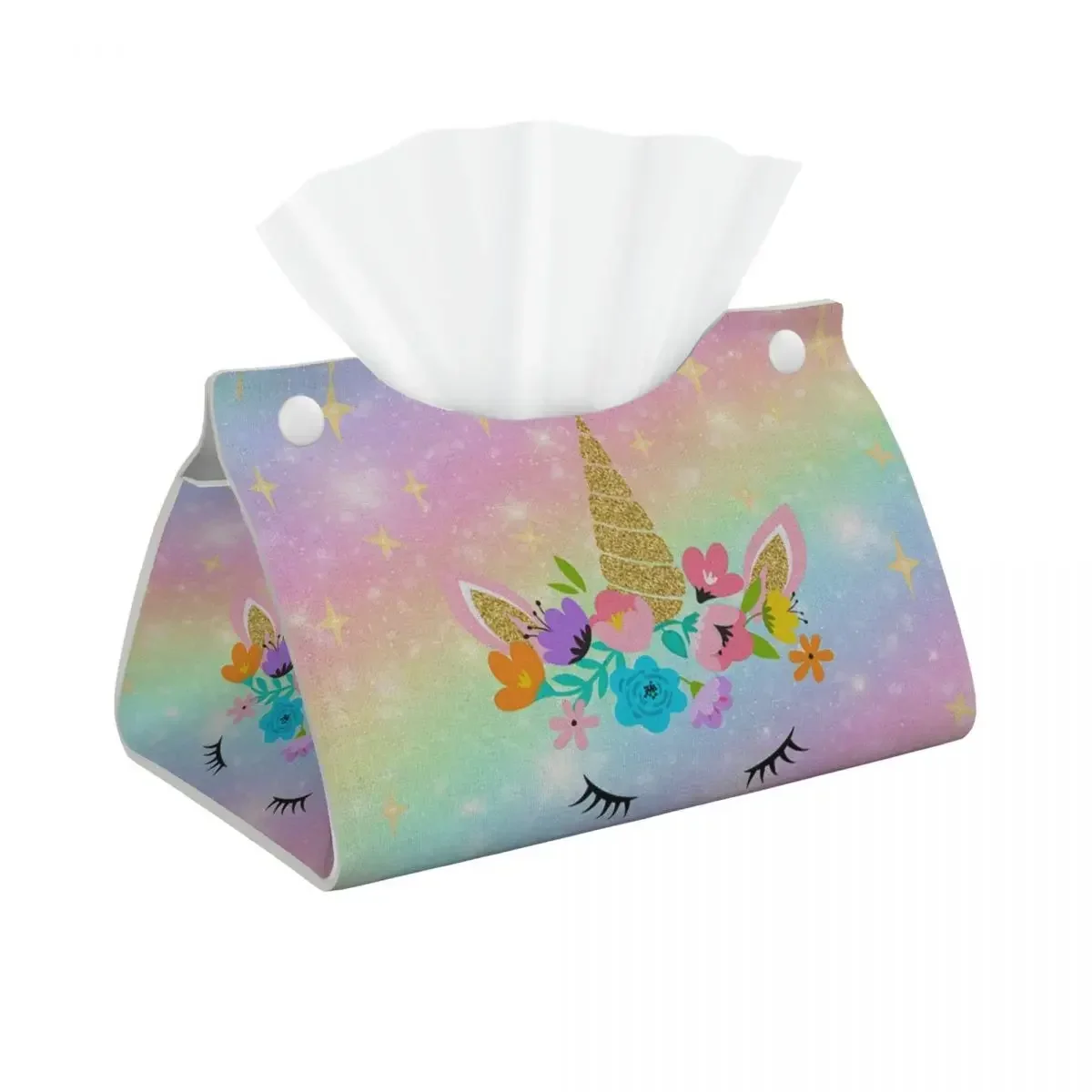 Custom Cartoon Rainbow Unicorn Tissue Box Holder Rectangular PU Leather Facial Tissue Box Cover for Car Bathroom