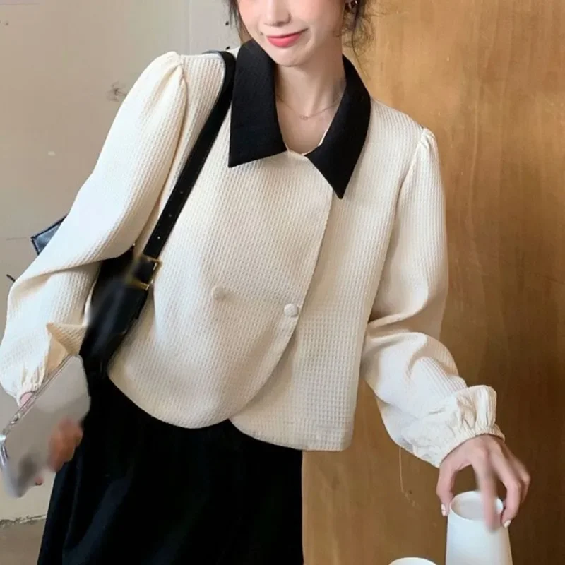 

French Style Long Sleeved Lapel Shirt for Women in Spring Autumn 2024 New Loose Short Blouse Inner Lining Shirt Outer Top