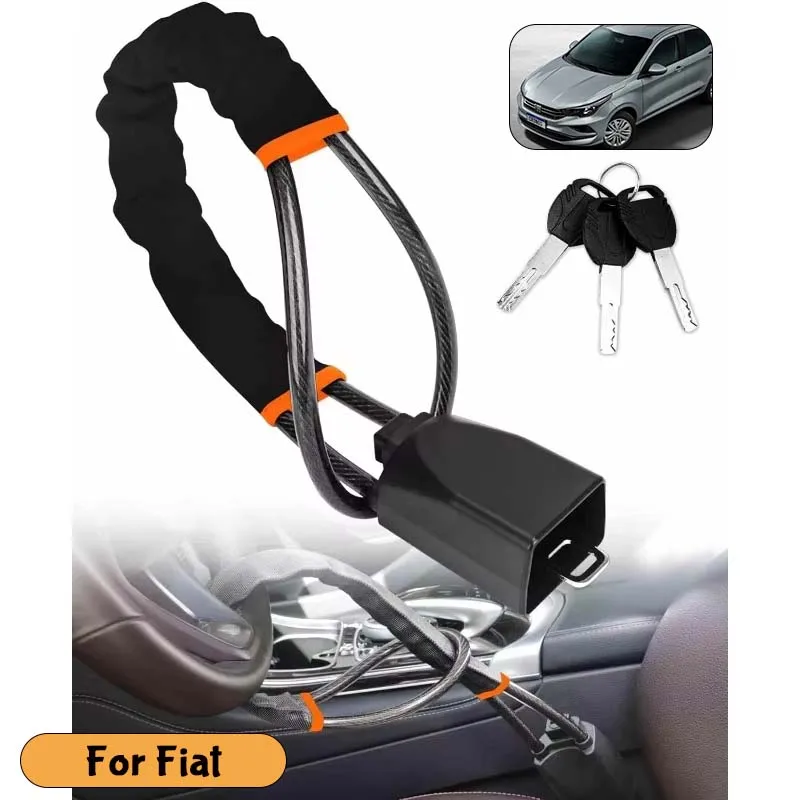 For Fiat Car Steering Wheel Lock Steel Rope Anti-Theft Lock With Seat Belt Socket Vehicle Security Locking System