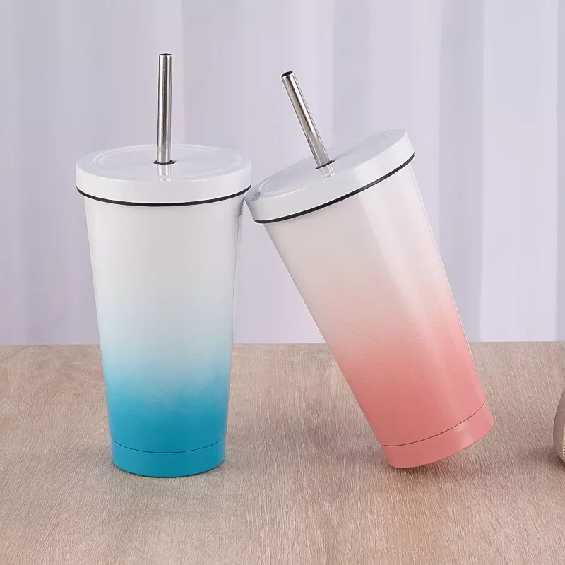 Personalized Sublimation Blank 500ml Gradient Color Drink Stainless Steel Water Bottle With Lid and Straw Travel Cup