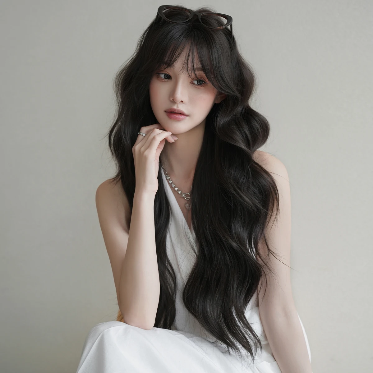 7JHH WIGS Long Water Wave Dark Brown Wig for Women Synthetic Modest Fashion Middle Part Wear and Go Wigs with Curtain Bangs - view 2