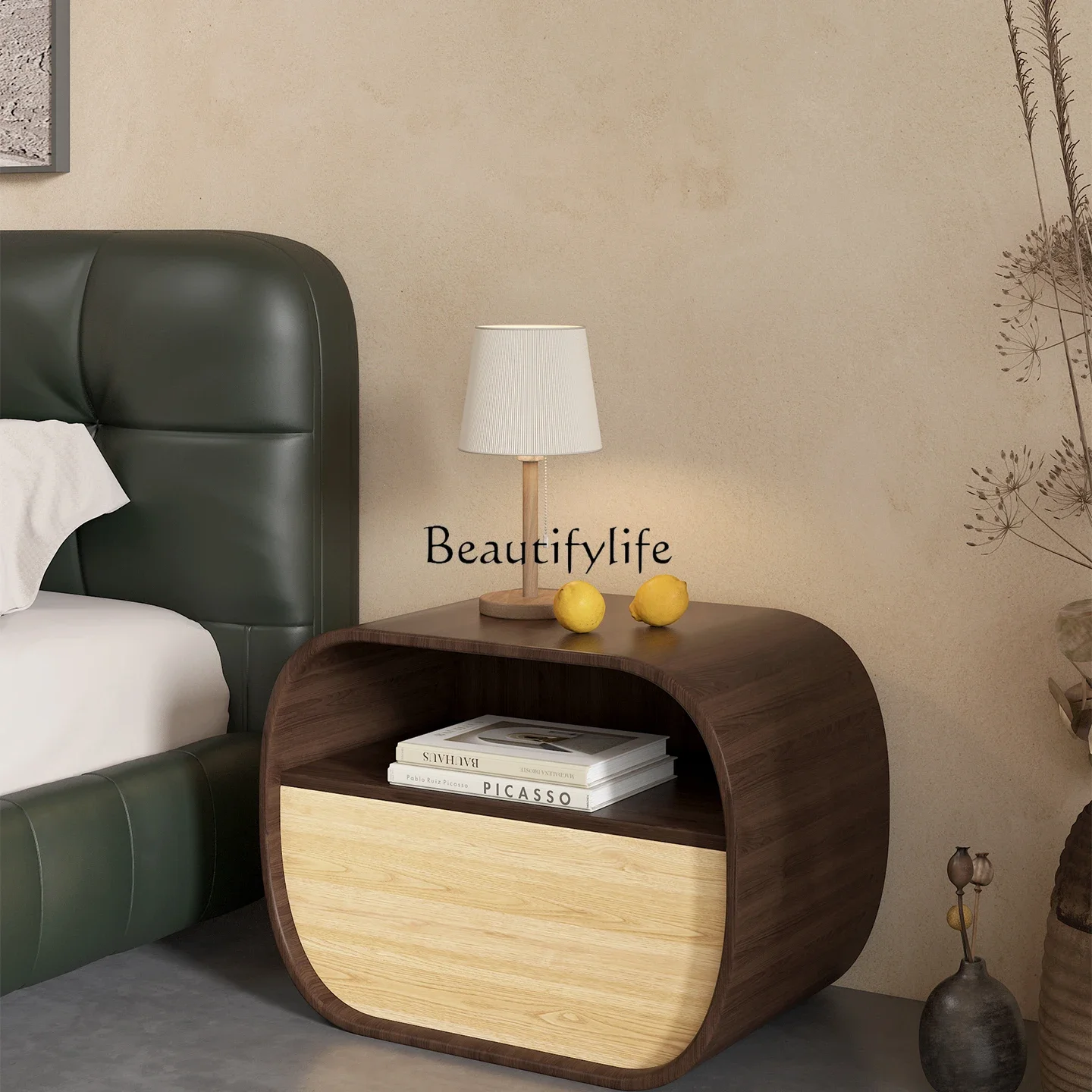 

Z.*Bedside table Household bedroom Walnut light luxury niche design high-end solid wood locker integrated
