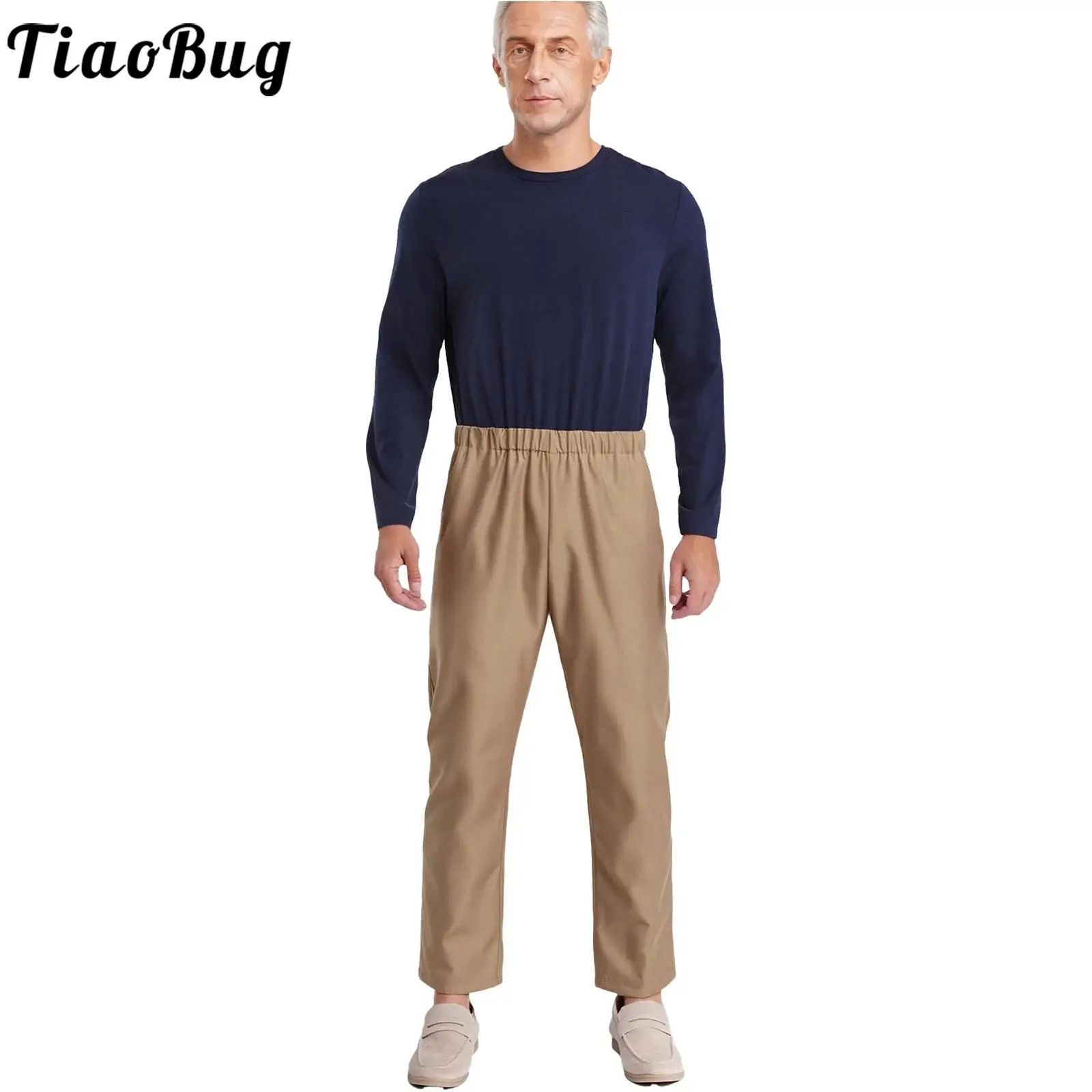 Men Alzheimer Adaptive Clothing Rompers One-piece Round Neck Long Sleeve Elastic Waist Zipper Color Block Jumpsuit with Pockets