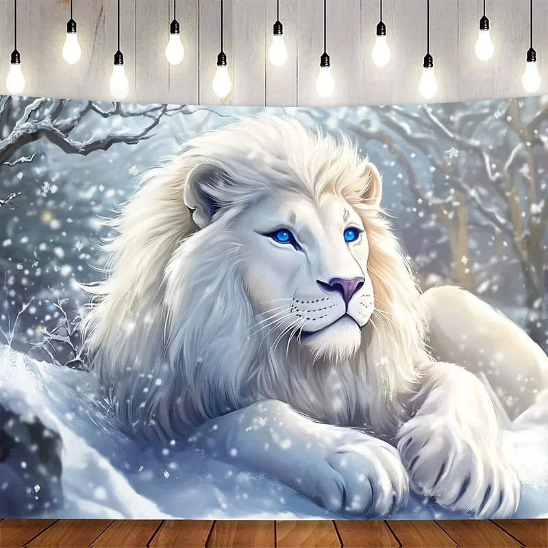 VIKAMA White Lion Tapestry Blue Eyes Winter Snow Scene Modern Art Wall Hanging Living Room Bedroom Aesthetic Decor Cloth