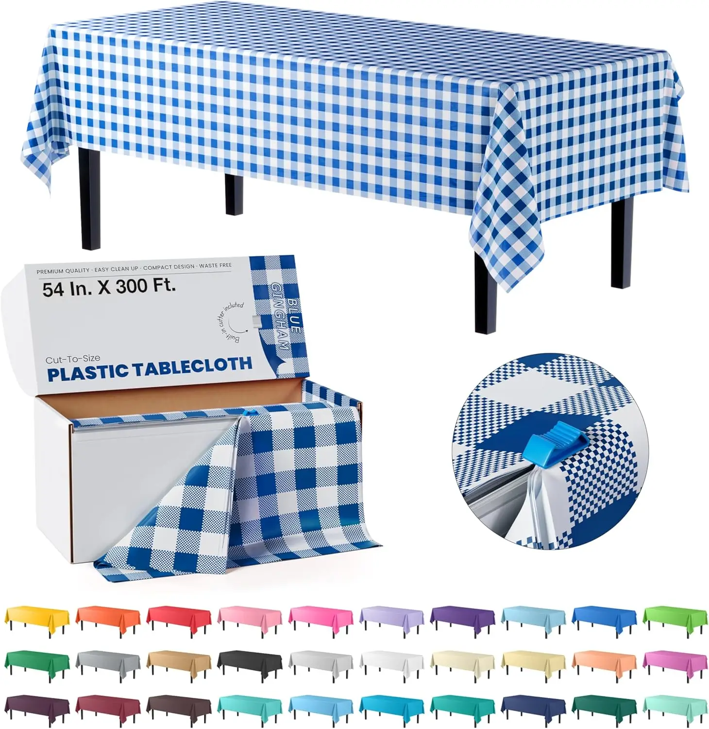 

Blue Gingham Plastic Table Cover Roll with Slide Cutter, 54" x 300', Cut-to-Size for Parties and Events