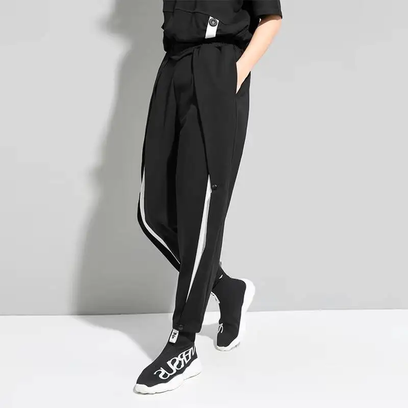 Ladies Harun Pants Spring And Autumn New Black And White Stitching Personality Button Casual Large Size Nine Minutes Pants