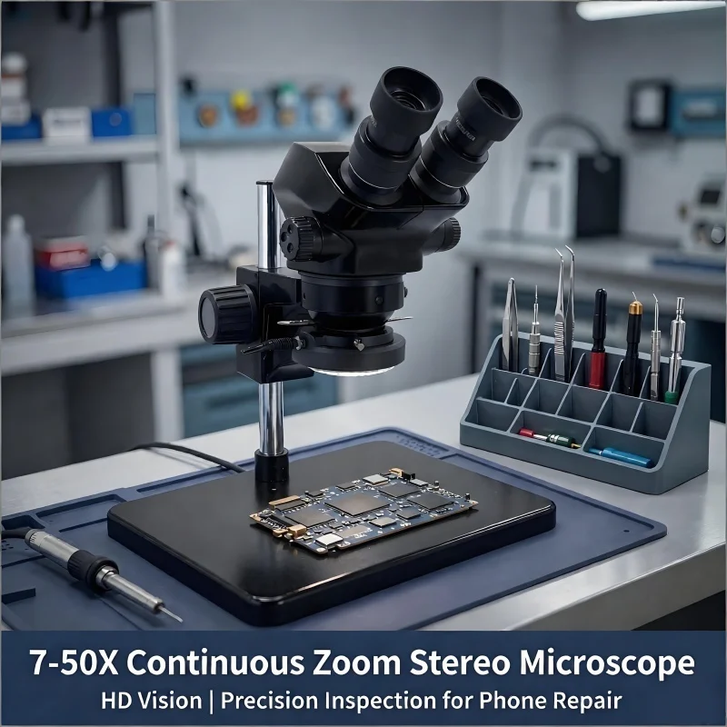 7-50X Continuous Zoom Stereo Microscope Set 0.7-5X Objective WF10X 22mm Eyepiece 56 LED Ring Light for PCB Inspection Soldering