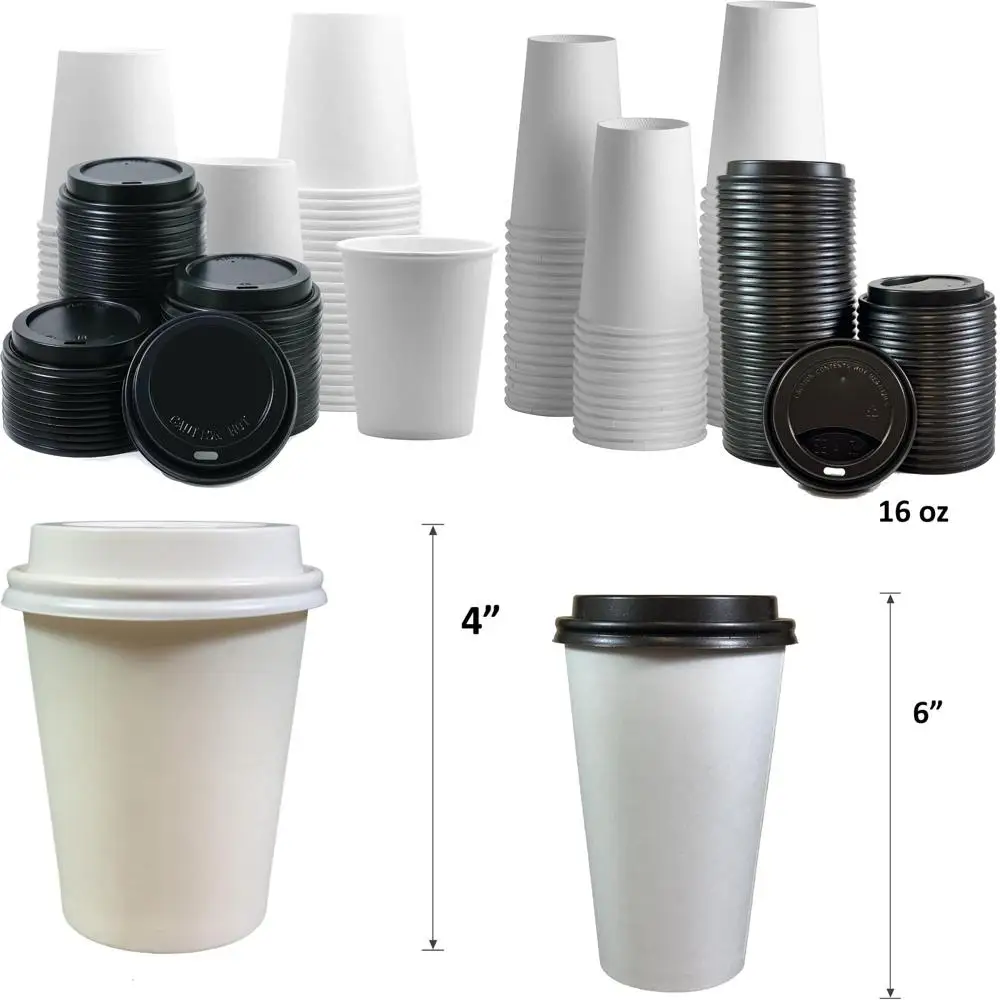 

Disposable 10oz White Paper Cups with Black Lids for Coffee, Ideal for Parties and Catering Events