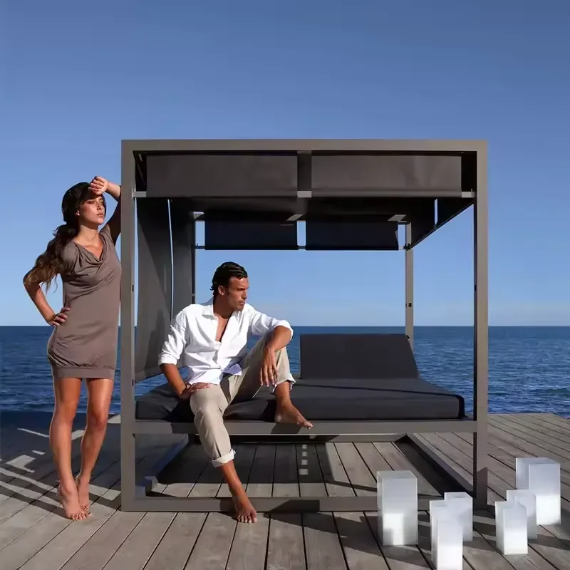 With Best Quality Outdoor Furniture Patio Sunbed Teak Daybed Double Chaise Lounge with Canopy