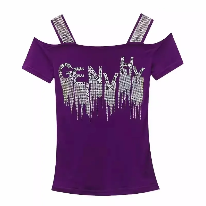 2025 New Arrived Ladies Clothes Sexy Off Shoulder Mesh T-Shirt High-End Letter Shiny Diamonds Shirts Women Summer Chic Tops Tees