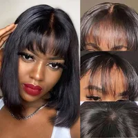 Short Straight Bob Wig Human Hair with Bangs 3x1 Lace Middle Part Full Machine Made Natural Black Wig for Black Women 2