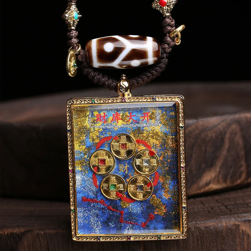 

Hand-Knotted Cord Necklace with Agate Tiger's Tooth Beads, Tibetan Thangka Pendant, Wealth-Attracting Charm Tag, Sweater Chain