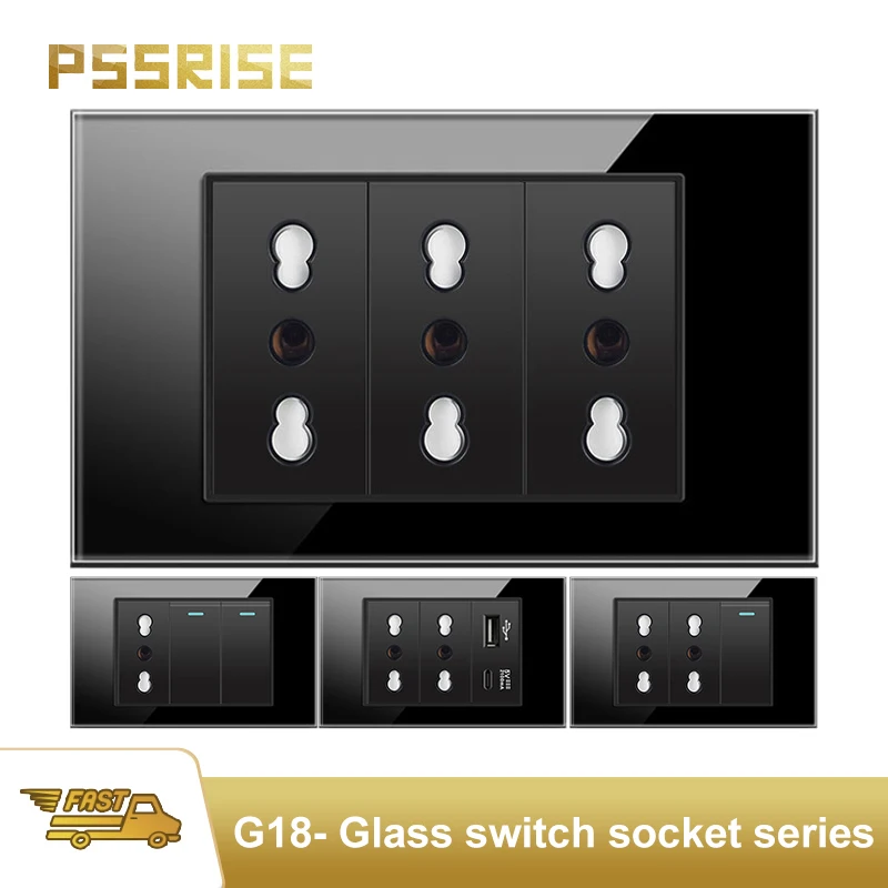 PSSRISE Brazil Mexico US TV TEL Computer Socket with 5V 2.1A USB Type-c Charger Tempered Glass Panel Wall Power Outlet 118*74mm