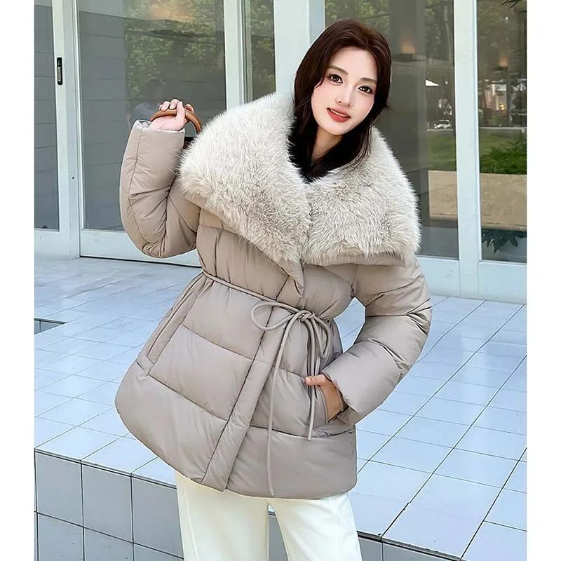 

Large Fur Collar Lapel Jacket 2026 New Women's Slim Fit Thicken Warm Down Cotton Padded Jacket Cropped Parkas Streetwear