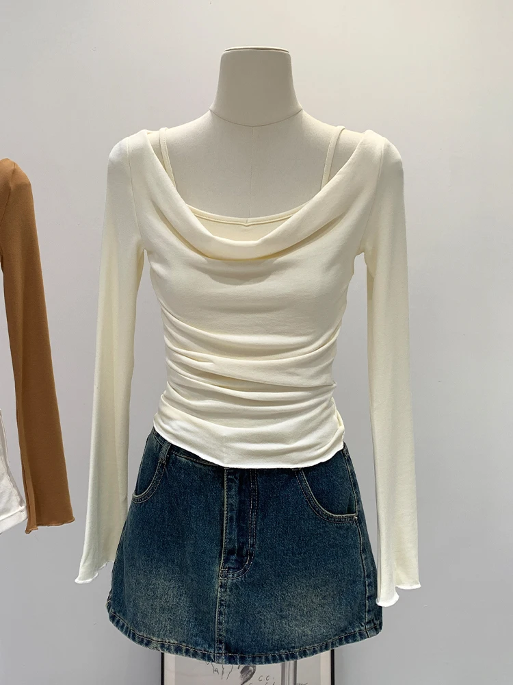 

Women's Long Sleeve Base Shirt Early Autumn Inner Wear Hanging Collar Design High-End Feel Chic Top Korean Style Commute Wind