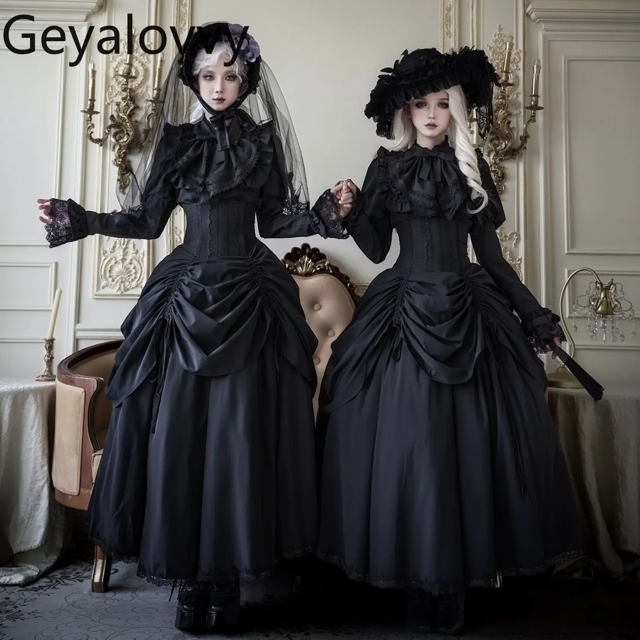 

Japanese Gothic Lolita Fishbone Waist Cinching Long Skirt Black High Waist Slim Fit Half Skirts Long Sleeve Versatile Shirt