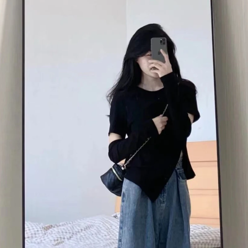 Koszulki z dziurami damskie czyste nowe iregularne Hip Hop seksowne jesienne zaprojektowane z długim rękawem eleganckie estetyczne młode proste dziewczyny topy Harajuku