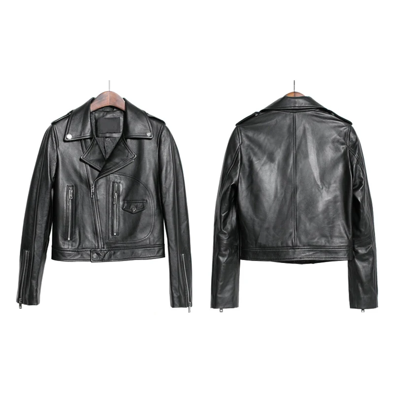 سترات نسائية فاخرة عالية من الجلد الحقيقي معاطف خريف 2025 قصيرة على مستوى a من جلد الغنم سترات نسائية ضيقة لراكبي الدراجات النارية