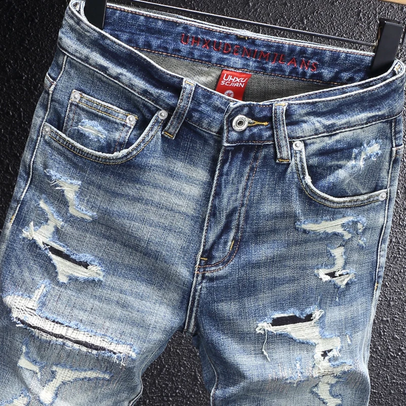 Italian fashion new men's retro blue jeans slim fit elastic hole patch jeans Y2K