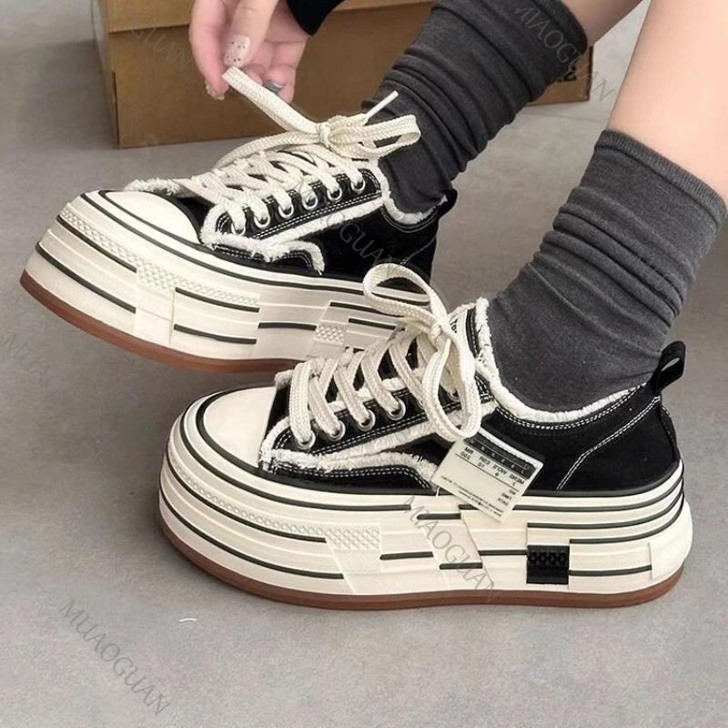 

Women Canvas Causal Shoes Thick Platform Lace-up Sneakers Comfortable Skateboard Footwears Fashion Outdoor Versatile Shoes