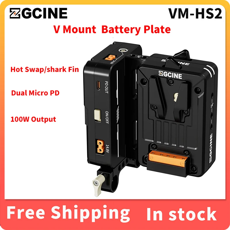 ZGCINE VM-HS2 V Mount Hot Swap/Shark Fin Dual Micro PD 100W Output Battery Plate With 15MM Rod Clamp V-Lock battery plate USB-C