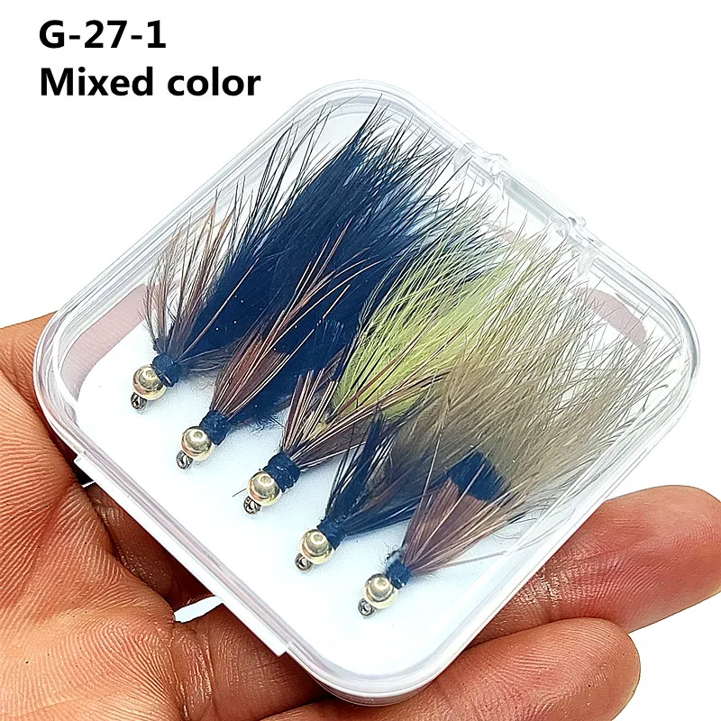 5 pz Woolly Bugger Stelle filanti Esche da pesca a mosca Testa di perline in ottone Nero/Marrone oliva Nappa - Trota Salmone Trota Pesce persico pesca a mosca