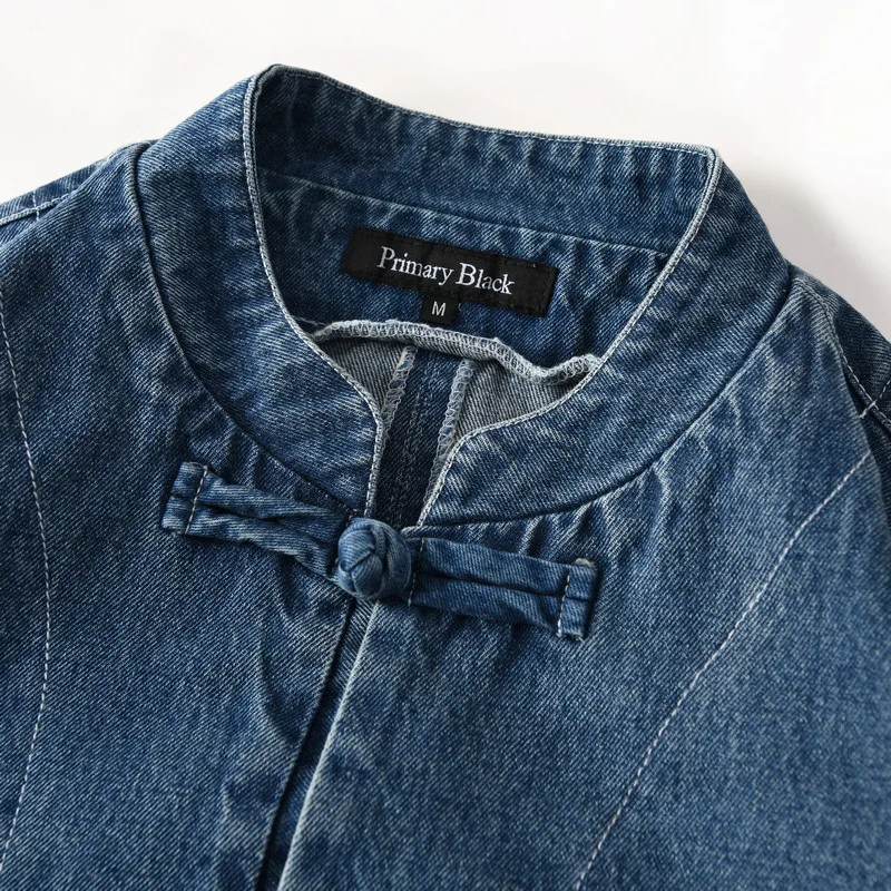 

Faionable Retro Button-Up Stand Collar Denim Jaet Men's irt Outerwear Autumn Season Loose Fit Long Sve Tee-acetate...