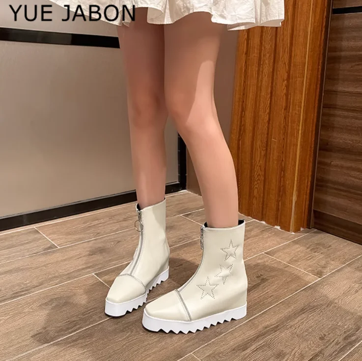 White Autumn High Platform Sneakers Height Increasing Women Thick Sole Ankle Boots Real Leather Wedge Winter Casual Stars Shoes