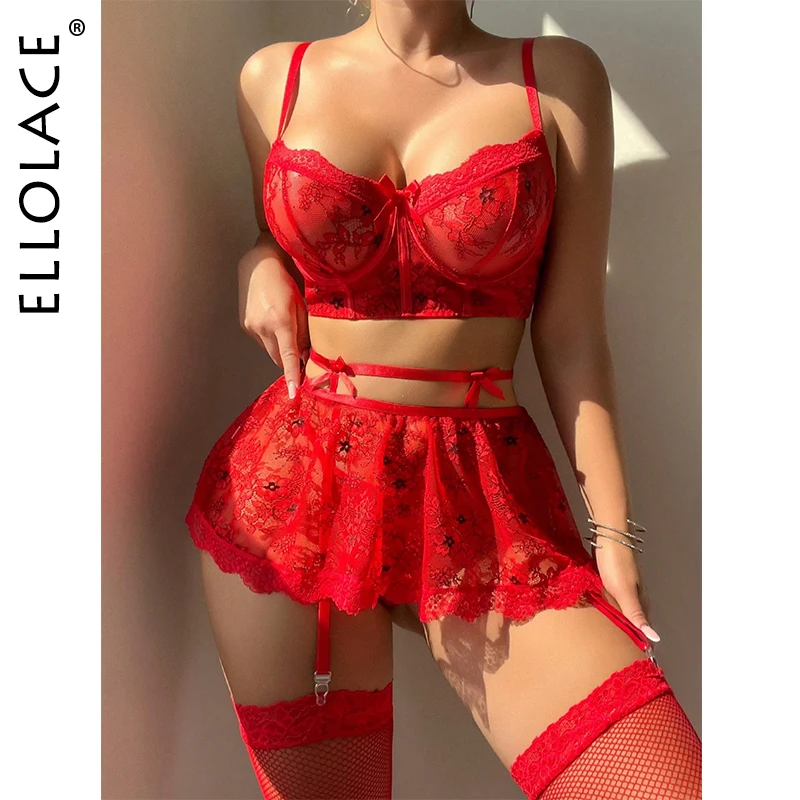 

Ellolace Valentine Lingerie Sexy Adult Hot Women's Ethical Underwear 5-Piece Transparent Lace Attractive Chest Suspenders Outfit