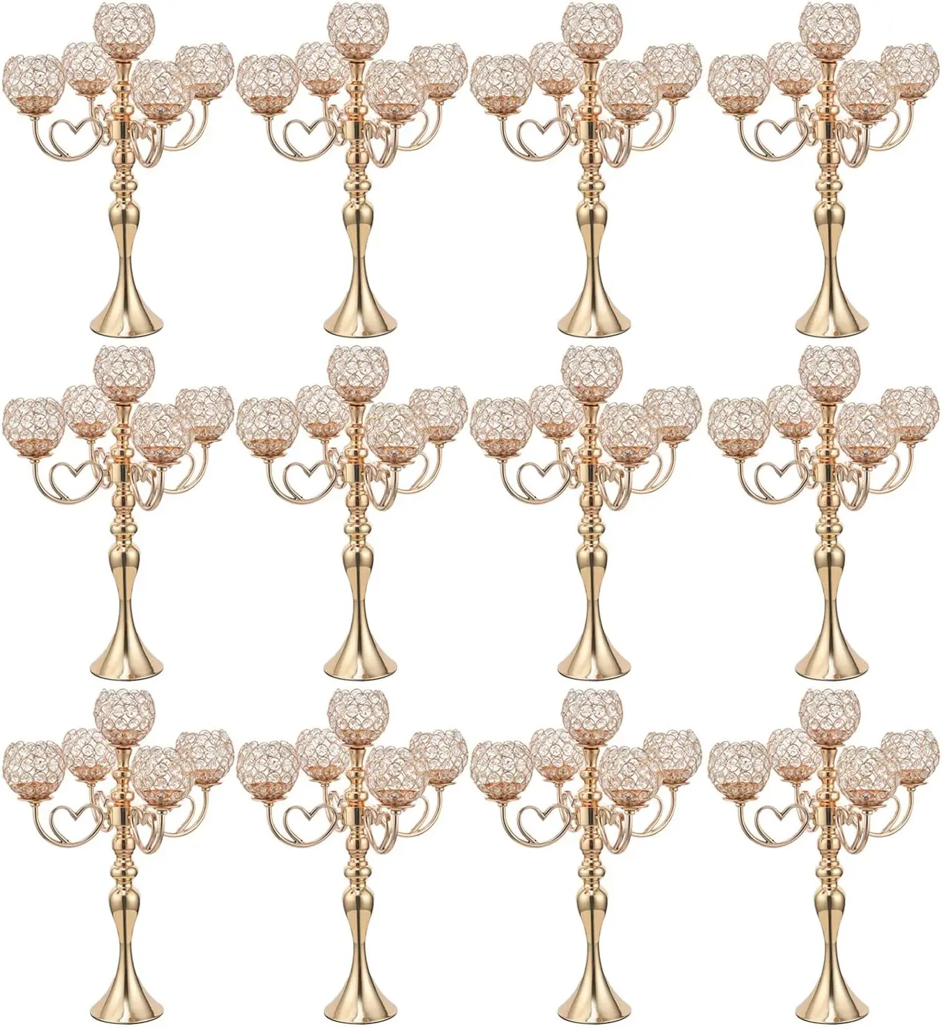 12 Sets Gold 5 Arm Candelabra Centerpiece for Wedding Metal Crystal Candlestick Holders for Table Decoration Party Dinner