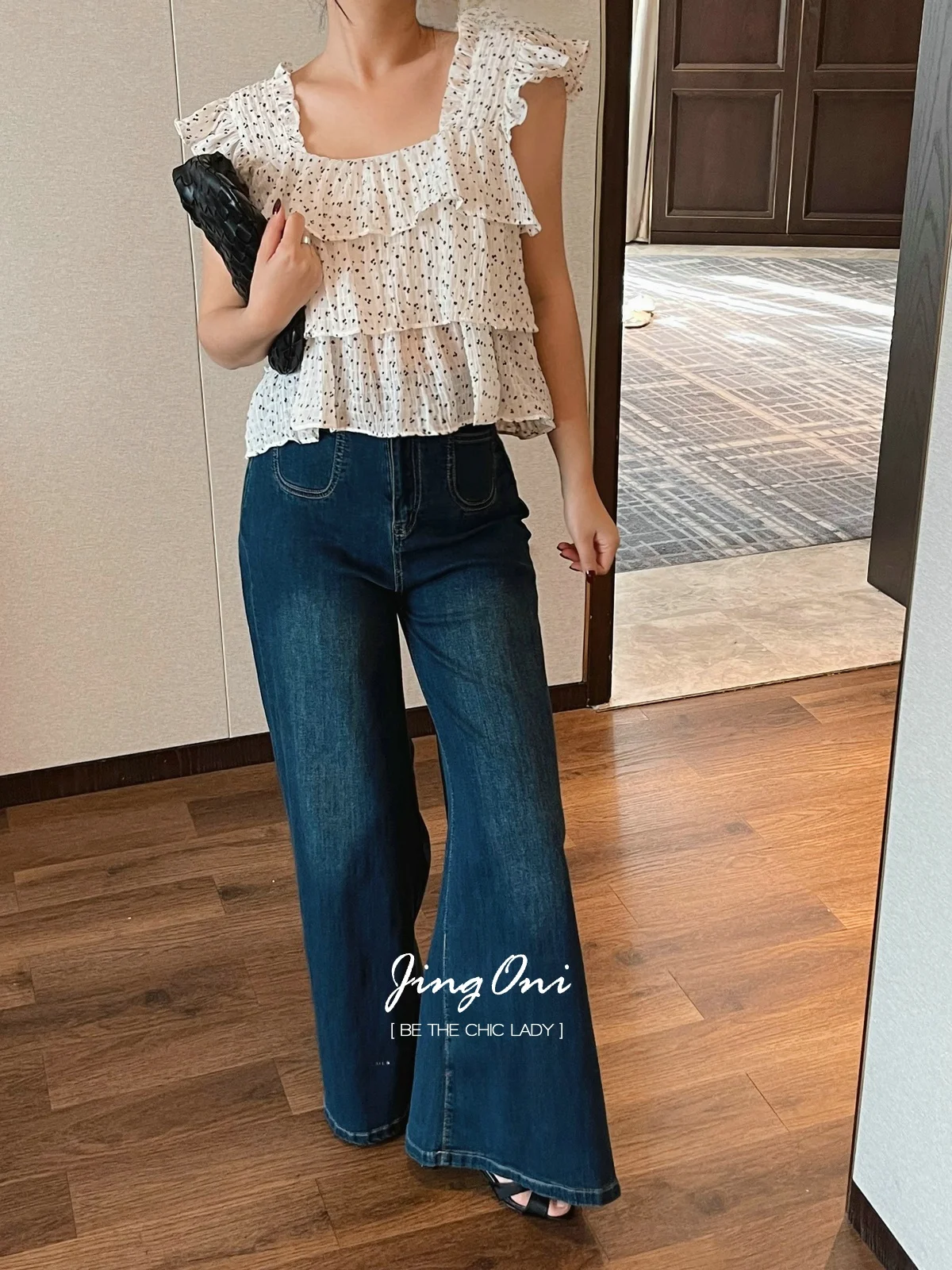 

High Waist Wide Leg Bell Bottom Denim Jeans Women's Long Trousers Deep Blue Summer New Fashion Casual Slimming Effect