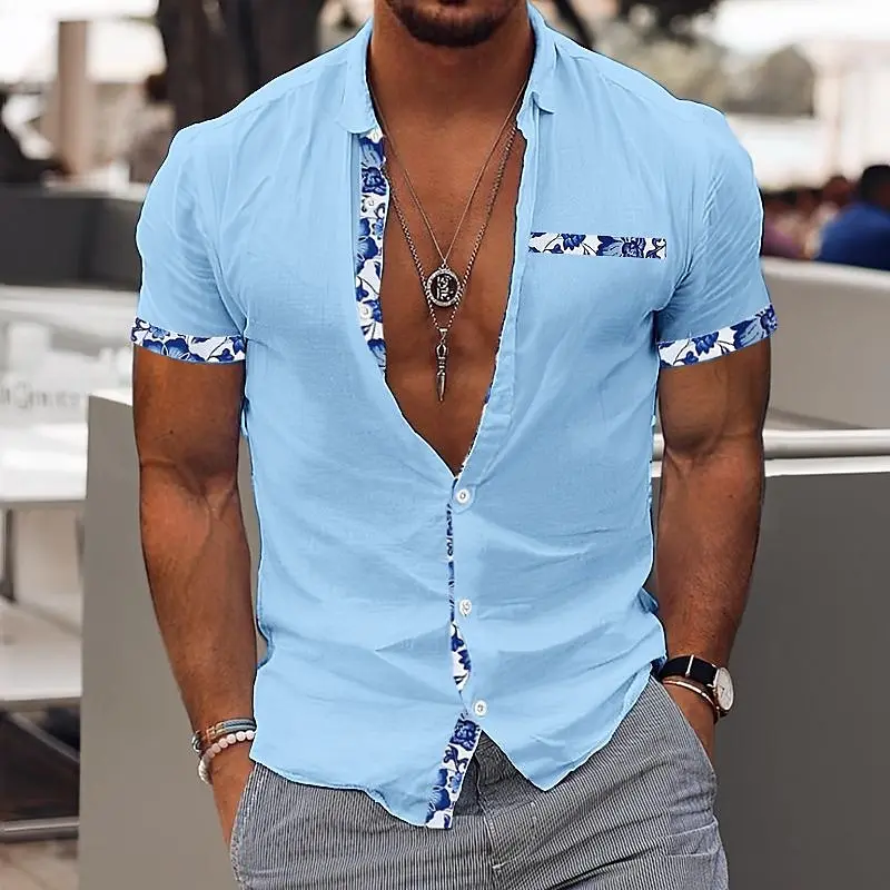 Fashionable Men\'s Hawaiian Shirt Men\'s Casual Solid Color Printed Beach Pocket Shirt Short Sleeve Large Size 5XL New Style Multi