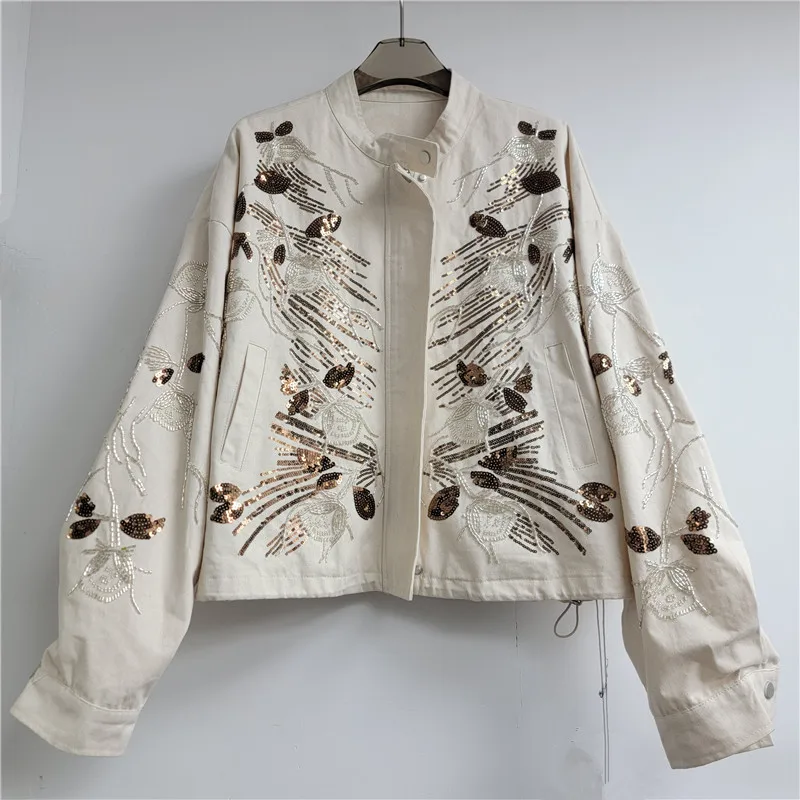 Clothland Women Retro Sequined Floral Jacket Long Sleeve Beads Shiny Female Casual Outwear Coats Mujer CB413