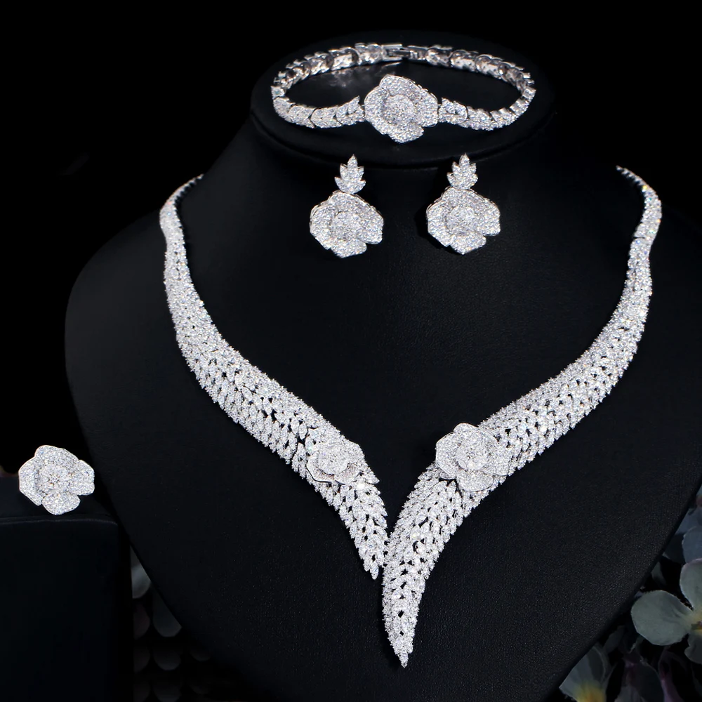 CWWZircons 4 Pcs Full Dubai Cubic Zirconia Pave Flower Bridal Big Necklace Luxury Wedding Costume Jewelry Sets for Women T677