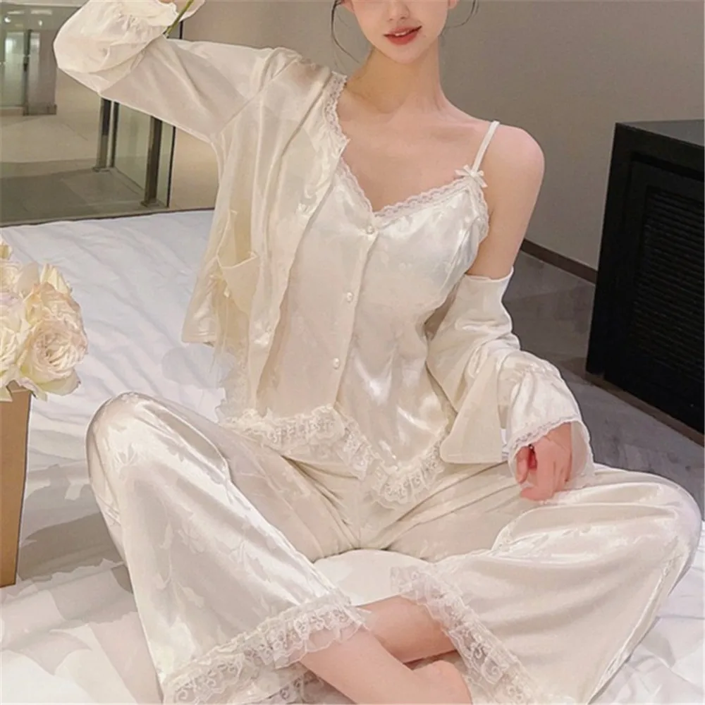 

Pajamas Set Women Sleepwear Summer Sexy Female Lace Jacquard Satin Kimono Bathrobe Sling Pants Home Wear Outfits