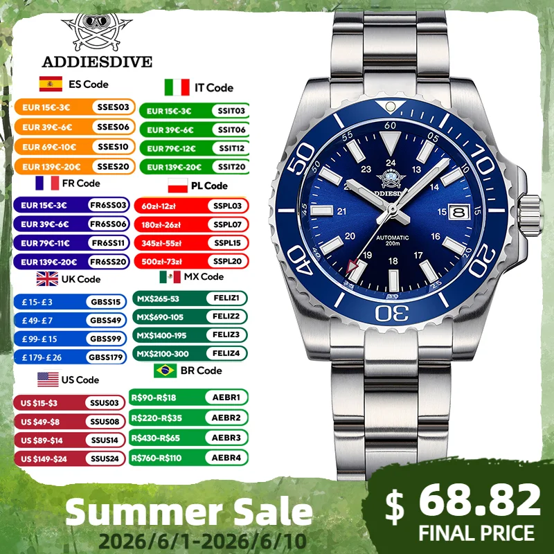 ADDIESDIVE Men's Watch 8215 Mechanical Sapphire Luminous Diving Watch 200m Ceramic Bezel Automatic Watch Clock Gift Watch AD2504