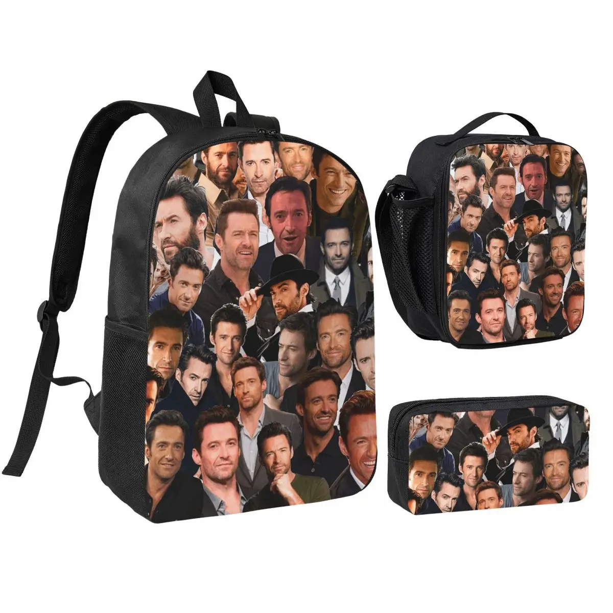 Hugh Jackman Photo Collage Backpack Boys Girls BookBag School Bag Shoulder Bags 3ps Insulated Lunch Bag Pencil Case