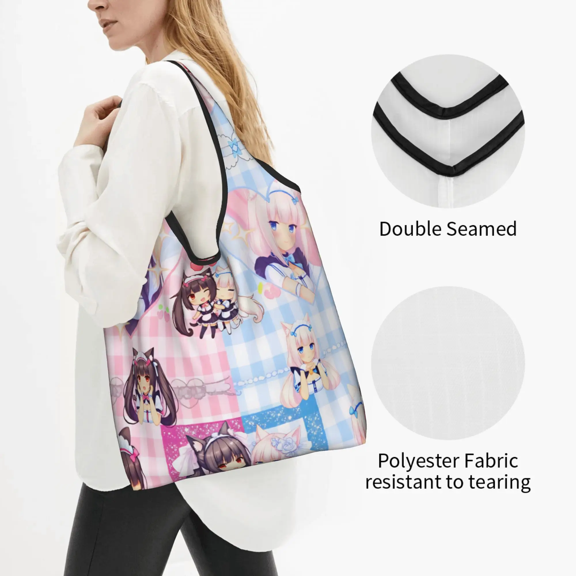 Game N-Nekopara Chocola Vanilla Groceries Shopping Tote Bag Women Kawaii Anime Shopper Shoulder Bag Large Capacity Handbag