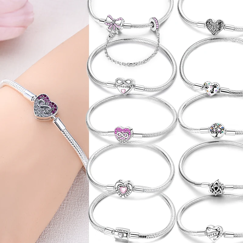 

Original 925 Sterling Silver Charm Bracelets Heart Clip Bead Snake Chain Bracelet Fit Charms Beads Diy For Woman Fine Jewelry
