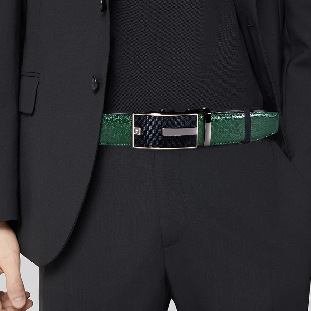 Hi-Tie Black Brown Navy Blue White Mens Belts Genuine Leather Strap Automatic Buckles Ratchet Waistband Dress Jeans Belt for Men