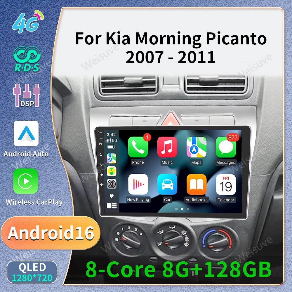 Android 16 Voor Kia Morning Picanto 2007 2008 2009 2010 Auto Radio Navigatie Multimedia Speler Stereo GPS WiFi + 4G Carplay + Auto BT - afbeelding 2