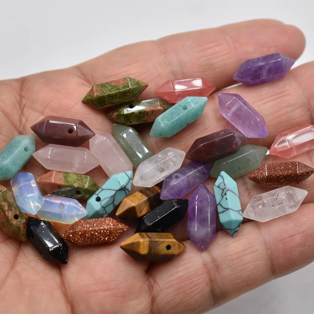Wholesale 30pcs/lot Fashion Natural stone Amethyst quartz 17X7mm handmade hexagonal shaped  pendant perforated top for jewelry