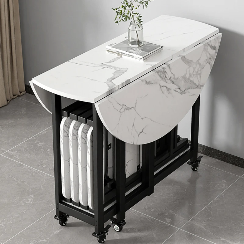 

Folding Round Table Dining Household Imitation Marble Surface Mobile Small House Chair Combination