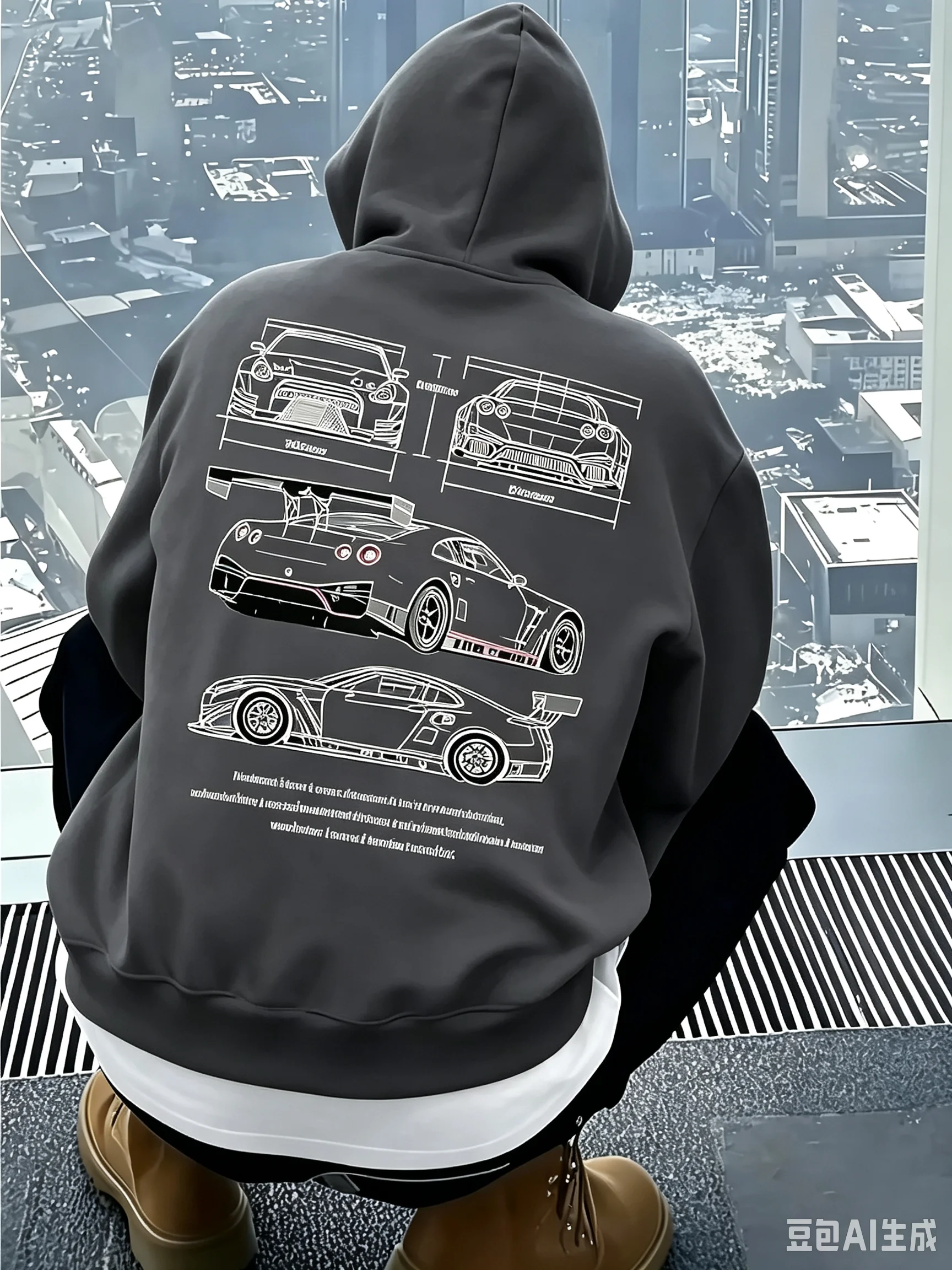 Motor Sport Men Hooded Sweatshirt Racing Car Technical Drawing Back‑Print Casual Autumn‑Winter Top